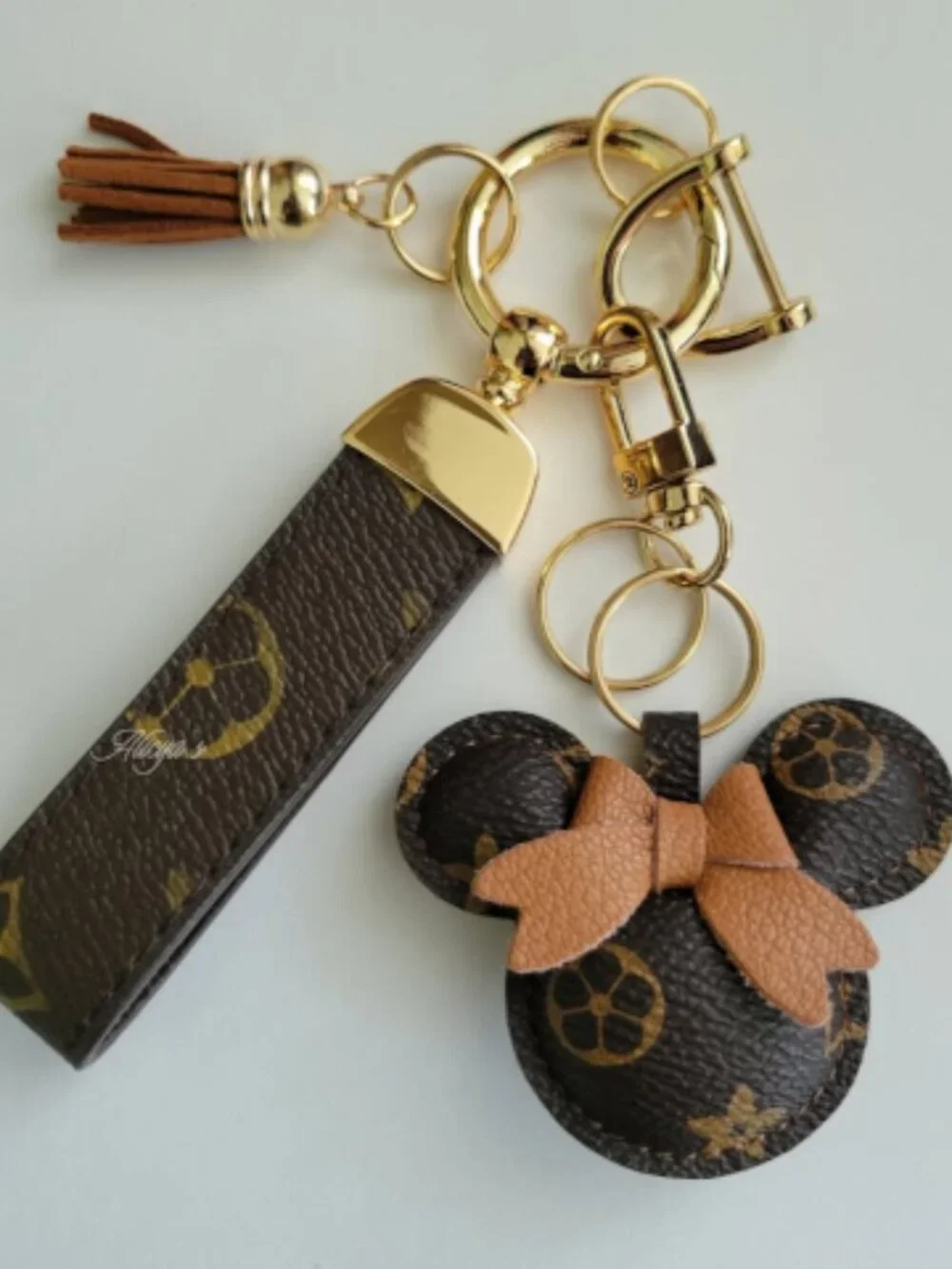 Minnie Mouse Keychain with Strap, Tassel and Keyrings - Brown with Gold Hardware